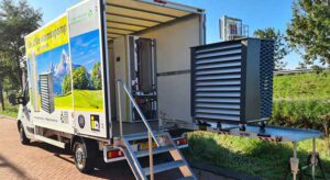 Mobiele showroom met warmtepompen. Zeer stille warmtepompen, ervaar zelf het geluid.